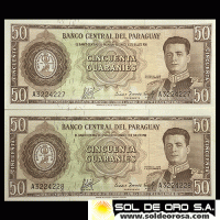 NUMIS - BILLETES DEL PARAGUAY - 1963 - CINCUENTA GUARANIES (MC213.b1) - FIRMAS: AUGUSTO COLMAN VILLAMAYOR - CESAR ROMEO ACOSTA - VARIANTE ABAJO-ABAJO - NUMEROS CORRELATIVOS - BANCO CENTRAL DLE PARAGUAY