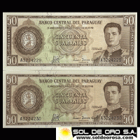 NUMIS - BILLETES DEL PARAGUAY - 1963 - CINCUENTA GUARANIES (MC213.b1) - FIRMAS: AUGUSTO COLMAN VILLAMAYOR - CESAR ROMEO ACOSTA - VARIANTE ABAJO-ABAJO - NUMEROS CORRELATIVOS - BANCO CENTRAL DEL PARAGUAY