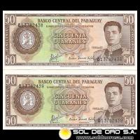 NUMIS - BILLETES DEL PARAGUAY - 1963 - CINCUENTA GUARANIES (MC213.b4) - FIRMAS: AUGUSTO COLMAN VILLAMAYOR - CESAR ROMEO ACOSTA - NUMEROS CORRELATIVOS - BANCO CENTRAL DEL PARAGUAY