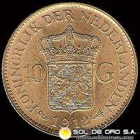 HOLANDA - 10 GULDEN, GUILLERMINA - 1912 - MONEDA DE ORO