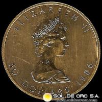 CANADA - HOJA DE MAPPLE 1 oz., 50 DOLLARS - 1986 - MONEDA DE ORO