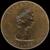 CANADA - HOJA DE MAPPLE 1 OZ., 50 DOLLARS, 1987 - MONEDA DE ORO 24K
