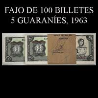 NUMIS - BILLETES DEL PARAGUAY - 1963 - CINCO GUARANIES (MC211.c3) - FIRMAS: AUGUSTO COLMAN VILLAMAYOR - CESAR ROMEO ACOSTA - FAJO DE 100 BILLETES - BANCO CENTRAL DEL PARAGUAY