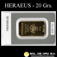 HERAEUS - 20 GRAMOS - FEINGOLD - BARRA DE ORO 24K