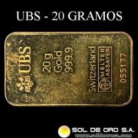 UBS - UNION BANK OF SWITZERLAND - 20 GRAMOS - BARRA DE ORO 999