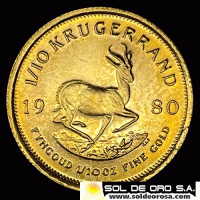 SUDAFRICA - 1/10 oz., KRUGERRAND - 1980 - MONEDA DE ORO