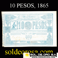 NUMIS - BILLETE DEL PARAGUAY - 1865 - DIEZ PESOS (MC34) - FIRMAS: PEDRO PASCUAL HAEDO - FAUSTINO BEDOYA - TESORO NACIONAL