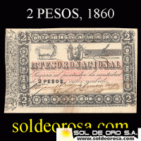 NUMIS - BILLETE DEL PARAGUAY - 1860 - DOS PESOS (MC 20) - FIRMAS: MIGUEL BERGES - AGUSTIN TRIGO - TESORO NACIONAL -