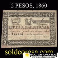 NUMIS - BILLETE DEL PARAGUAY - 1860 - DOS PESOS (MC 20) - FIRMAS: MIGUEL BERGES - AGUSTIN TRIGO - TESORO NACIONAL