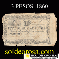 NUMIS - BILLETE DEL PARAGUAY - 1860 - TRES PESOS (MC 21) - FIRMAS: JOSE FALCON - MANUEL FERRIOL - TESORO NACIONAL