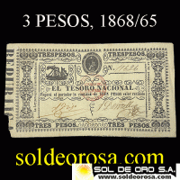 NUMIS - BILLETES DEL PARAGUAY - 1868 - TRES PESOS (A.A.1) - FIRMAS: AGUSTIN TRIGO - V. DENTELLOS - TERCERA SERIE - TESORO NACIONAL