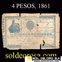 NUMIS - BILLETES DEL PARAGUAY - 1861 - CUATRO PESOS (MC23) - FIRMAS: CIRIACO MOLINAS - ROSENDO CARISSIMO - TESORO NACIONAL 