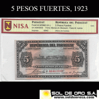HERE - NUMIS - BILLETE DEL PARAGUAY - 1923 - CINCO PESOS FUERTES (MC 181.c) - FIRMAS: MARIANO MORESCHI - PABLO INSFRAN - OFICINA DE CAMBIOS