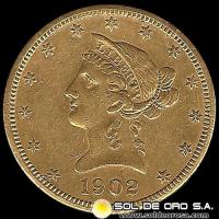 ESTADOS UNIDOS DE AMERICA - 10 DOLLARS, 1902 - DOBLE AGUILA, TIPO LIBERTAD - MONEDA DE ORO